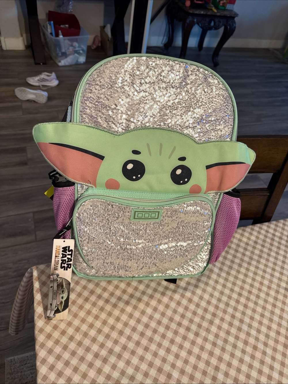 The Child Glitter Sequin Backpack in Mint Green and Pink